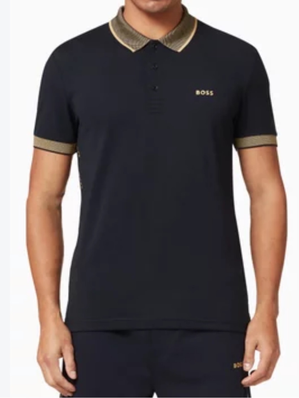 BOSS Hugo Boss Mens XL Logo Polo Shirt Dark Blue Gold Contrast Preppy Luxury